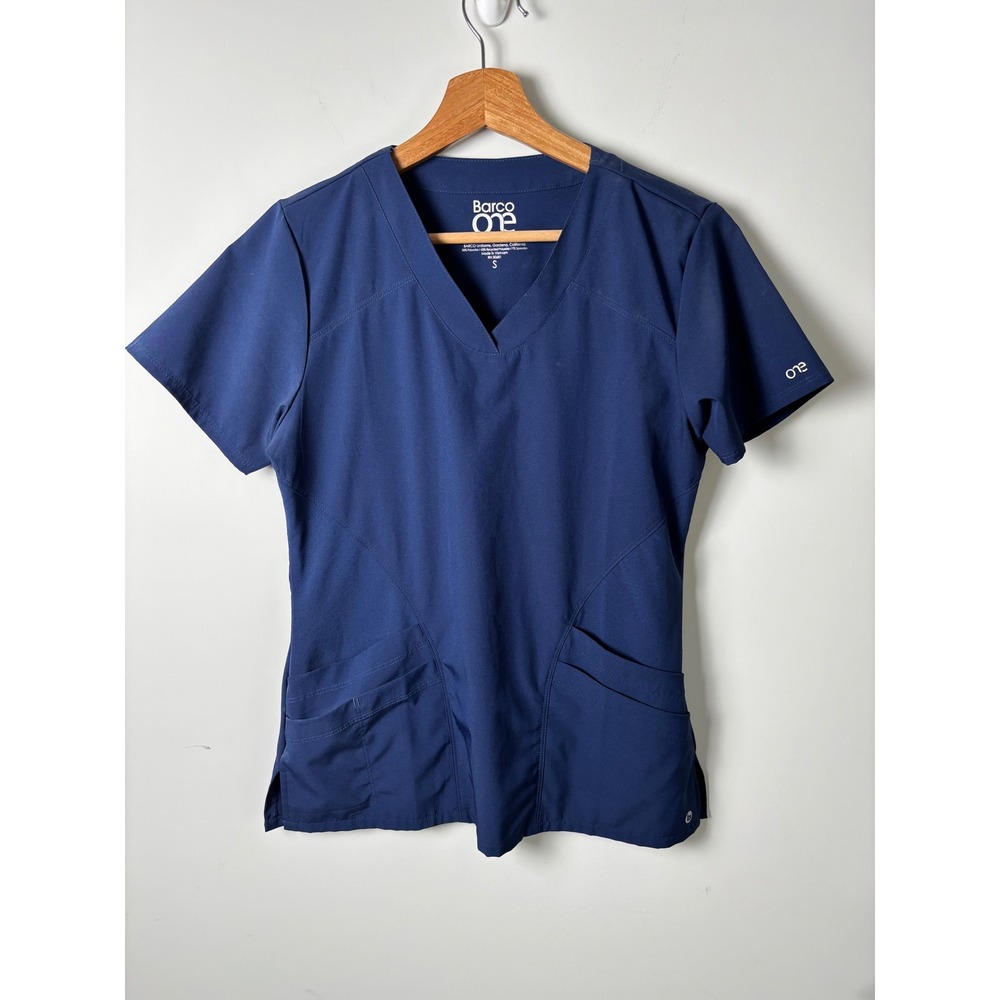 Barco One Womens Navy Blue V-Neck 4-Pocket Scrub Top Size S